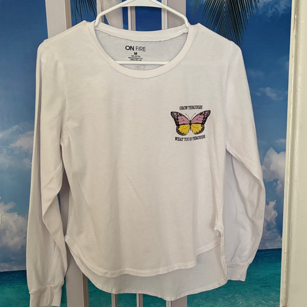 On Fire White Long Sleeve Tee with Butterfly Design
